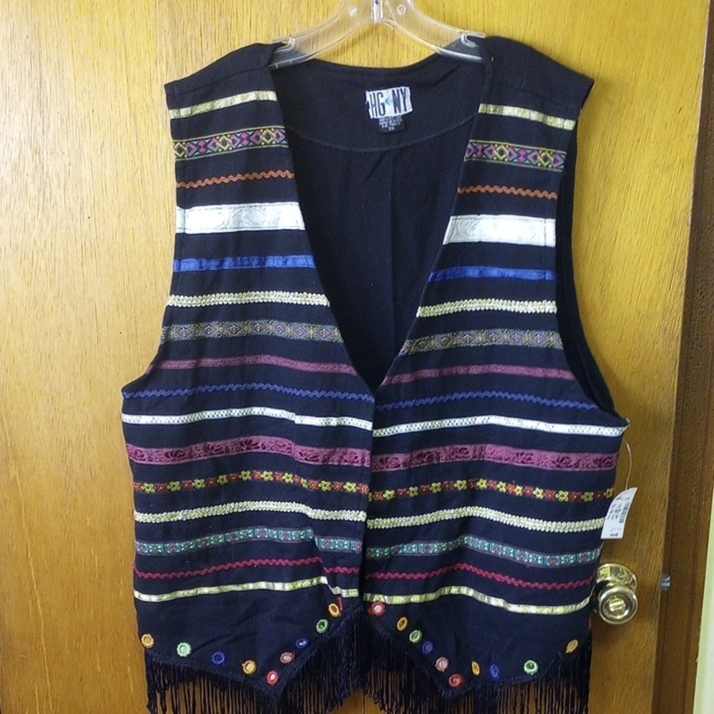 NWT Plus Size 3X Black Cotton Vest by HG-NY.  Colorful Embellishments & Fringe